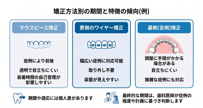 ワイヤー矯正・裏側矯正と期間を比べると?