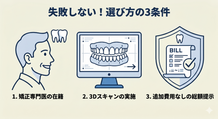 マウスピース矯正のクリニック選びで重要な「矯正専門医（周辺エンティティ）」「3Dシミュレーション」「総額費用（中核エンティティ）」の3要素をまとめたチェックリスト。