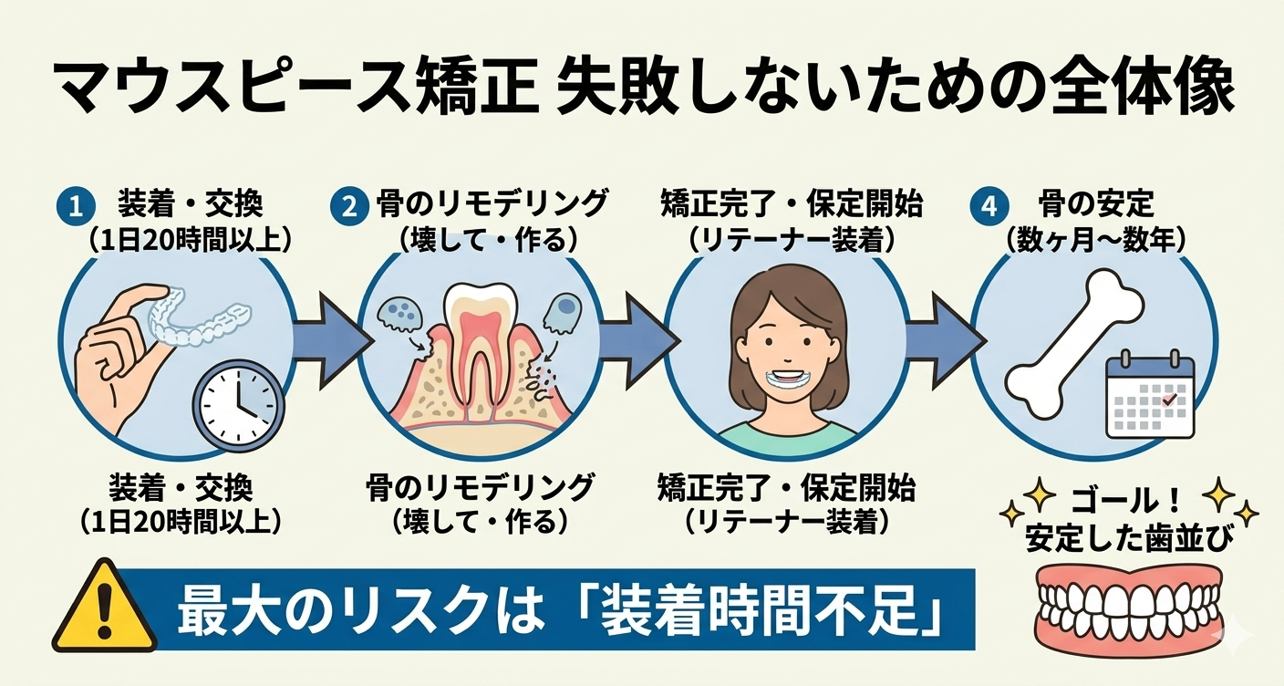 マウスピース矯正を失敗させないための、保定まで含めた治療の全体像を示すフロー図。装置の「装着・交換（1日20時間以上）」から「骨のリモデリング」、「矯正完了・保定開始（リテーナー装着）」、「骨の安定（数ヶ月〜数年）」という4ステップのサイクルを描き、最大のリスクが「装着時間不足」であることを注意喚起している。