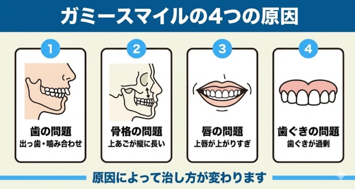 ガミースマイルの4つの原因タイプを横並びで比較した図解。出っ歯や噛み合わせなど歯の問題、上あごが縦に長い骨格の問題、上唇が上がりすぎる唇の問題、歯ぐきが過剰な歯ぐきの問題を並べ、原因によって治療法が変わることを示す。