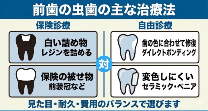 前歯の虫歯の治療法を保険診療と自由診療で対比した図解。保険は白いレジンの詰め物や前装冠などの被せ物、自由診療はダイレクトボンディングやセラミック・ラミネートベニアを並べ、見た目・耐久・費用のバランスで選ぶことを示す。