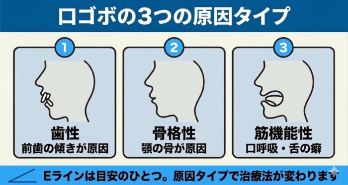口ゴボの3つの原因タイプを示した図解。前歯の傾きが原因の歯性、顎の骨が原因の骨格性、口呼吸や舌の癖が関わる筋機能性を横顔のシルエットで並べ、Eラインは目安のひとつで原因タイプにより歯列矯正の治療法が変わることを伝える。