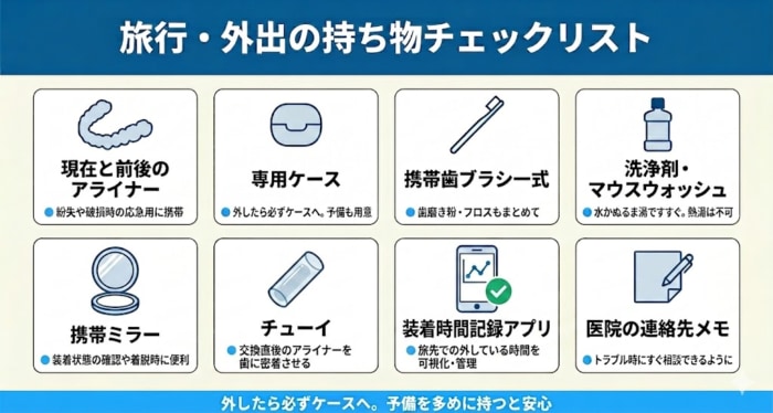 インビザライン中の旅行・外出で携帯したい持ち物を、現在と前後のアライナー・専用ケース・携帯歯ブラシ一式・洗浄剤・形態ミラー・チューイ・時間記録アプリ・連絡先メモの8項目で整理したチェックリスト図解。外したら必ずケースへ入れ予備を多めに持つと安心と示している。