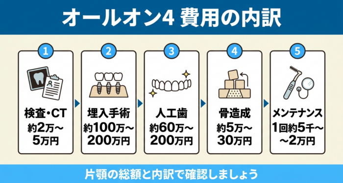 オールオン4の費用内訳を検査・手術・人工歯・骨造成・メンテナンスで整理した図解